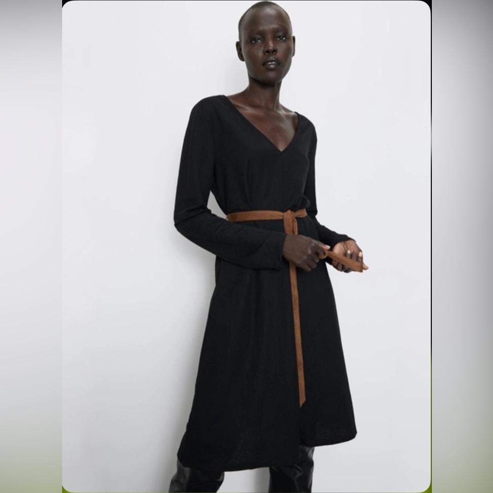 NWOT Zara  Black V Neck Belted Midi Dress Women Size M US